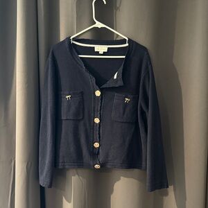Navy Cardigan with Gold Bow and Flower Buttons
